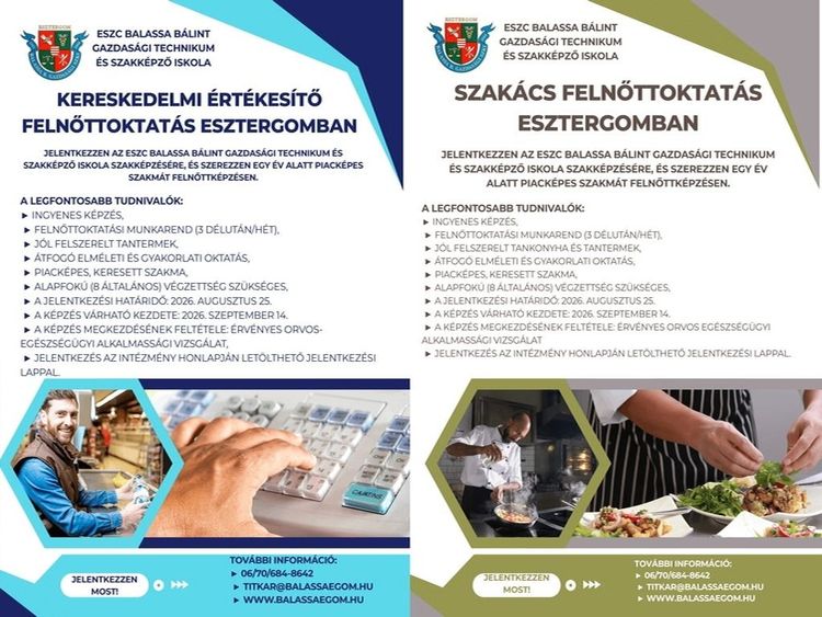 Szakács és Kereskedelmi értékesítő felnőttképzések esti tagozaton szeptembertől